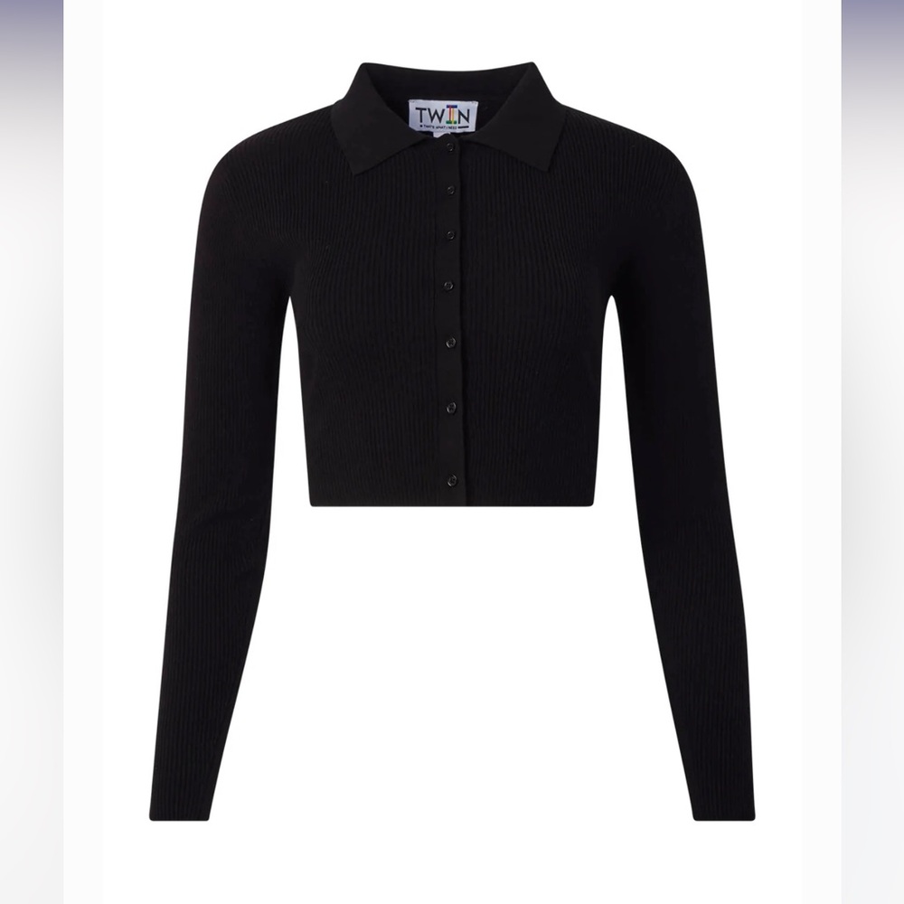 TWIN Say 02 CROPPED COLLARED CARDIGAN Size Medium NEW, sweater feel!
